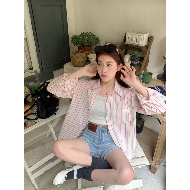 Lalisas Set Áo Hai Dây + Áo Sơ Mi Tay Dài Kẻ Sọc Chống Nắng Phong Cách Hàn Quốc Thời Trang Cho Nữ