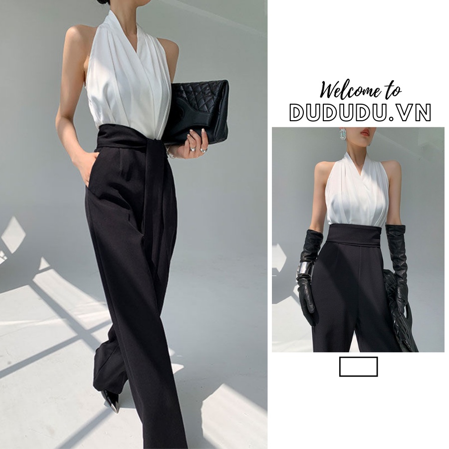 Jumpsuit chiffon cổ yếm phong cách sang trọng, thanh lịch, áo liền quần ống rộng retro, hàng Quảng Châu thiết kế, thời trang cao cấp dành cho nữ