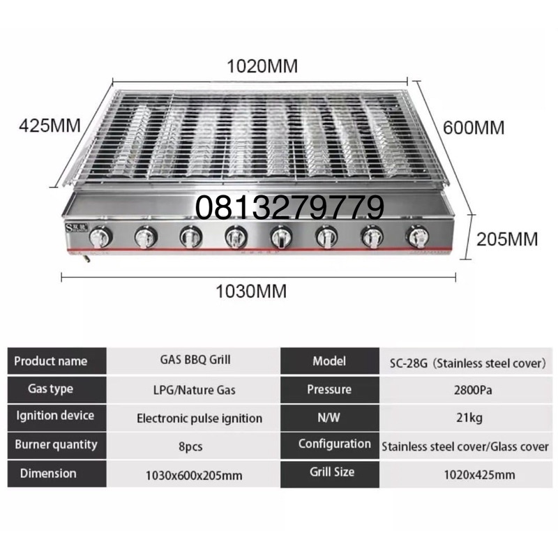 BẾP NƯỚNG GAS 8 INOX LỚN NƯỚNG HẢI SẢN BBQ HÀU