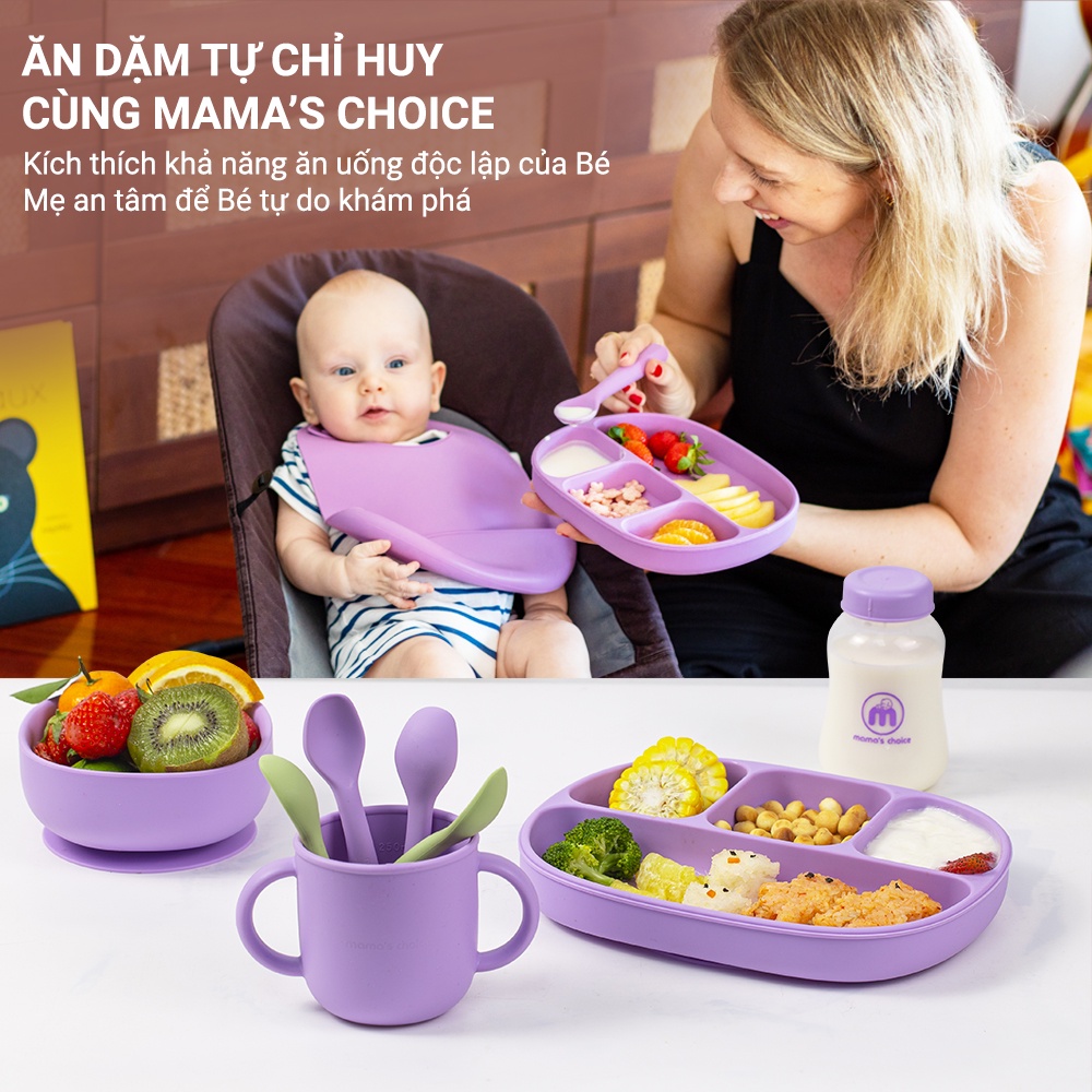 Bộ Ăn Dặm Cho Bé Thương Hiệu Mama's Choice, Combo Ăn Dặm Bát-Khay-Yếm-Thìa-Cốc Silicone Cao Cấp