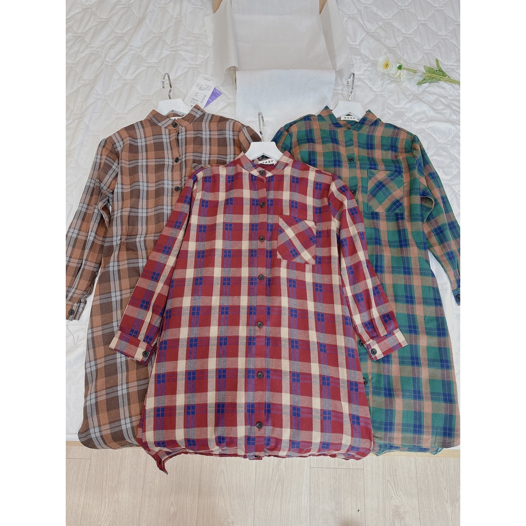 Váy sơmi cổ tàu dáng dài xẻ vạt ,đầm kẻ thô lien mềm đẹp mát mẻ nịnh da-Minxy shop