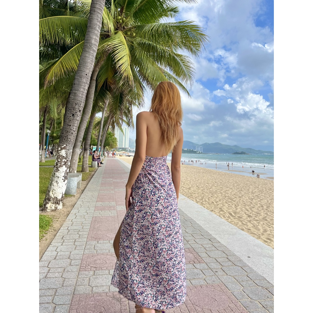 BEACH FEVER - Đầm maxi hoạ tiết hoa nhí tím hở lưng Katie