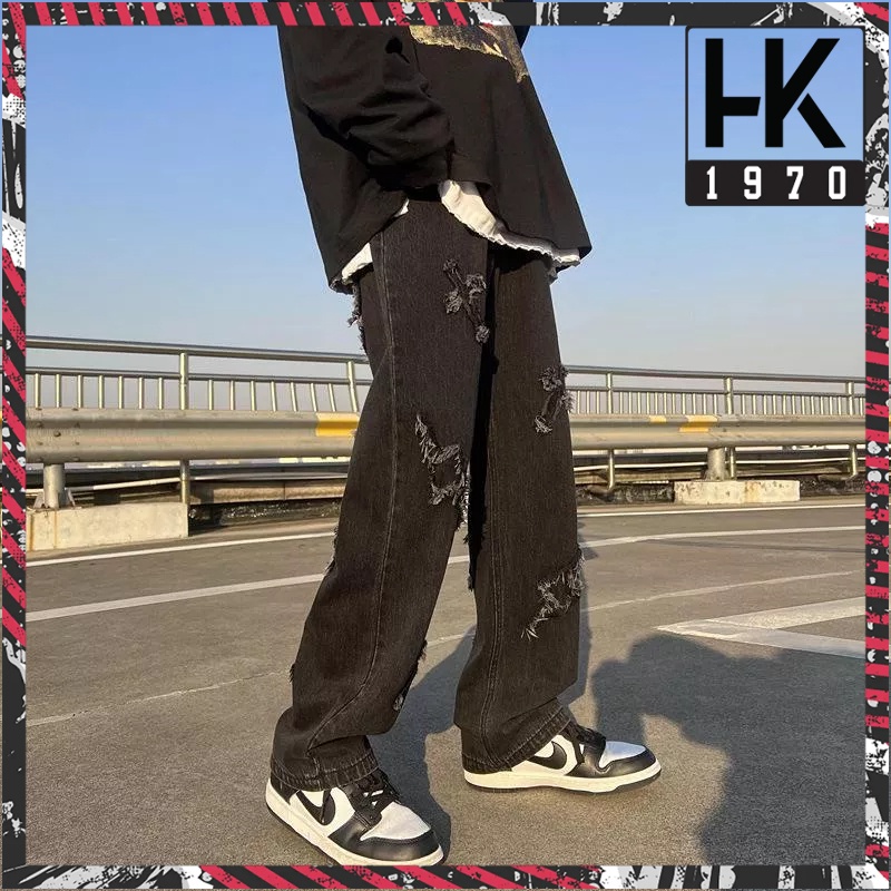 Quần jean nam baggy ống rộng quần bò nam thêu chữ thập phong cách hiphop Q007