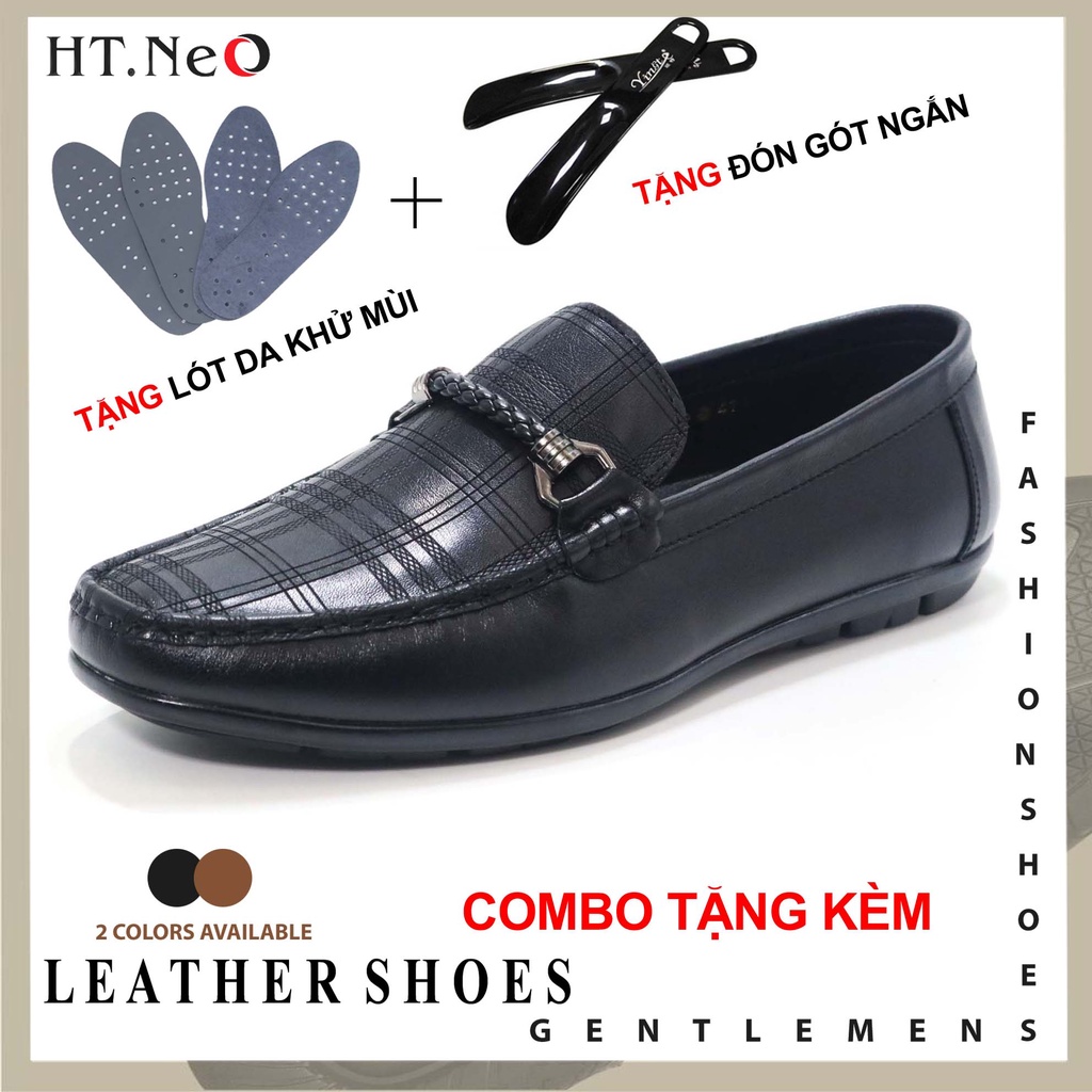 Giày lười nam da bò HT.NeO , Giày mọi đế bệt cao su êm mềm quai da dập vân họa tiết cá tính bắt mắt phong cách lịch sự