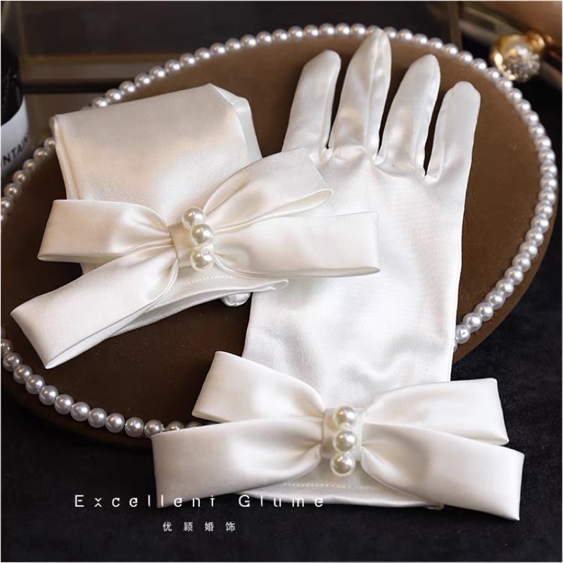 Găng tay thun satin nơ kép đính ngọc bao tay cô dâu