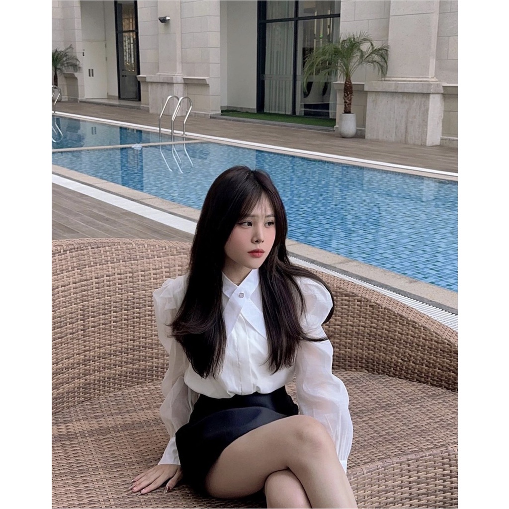 Áo sơ  mi cổ vát đính đá sang chảnh thanh lịch dễ mix hàng 2 lớp  / maybecloset