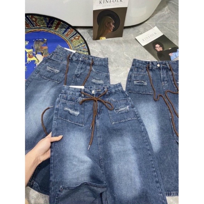 Chân váy jeans rách túi kèm dây siêu hot