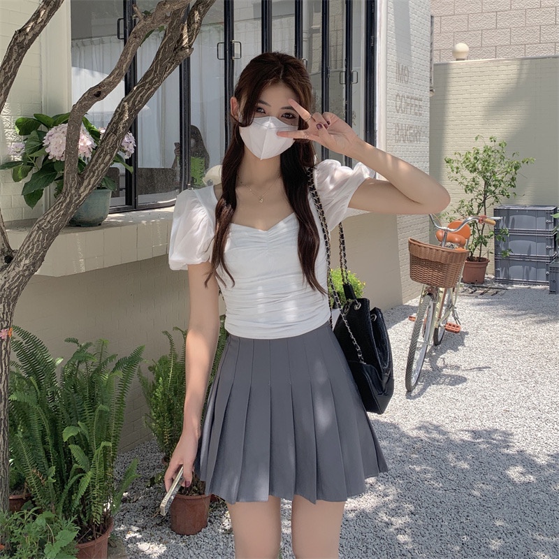 QADCOL Áo Lưới Tay Phồng Xếp Ly Ôm Dáng Màu Trơn Gợi Cảm Thời Trang Xuân Hè Cho Nữ