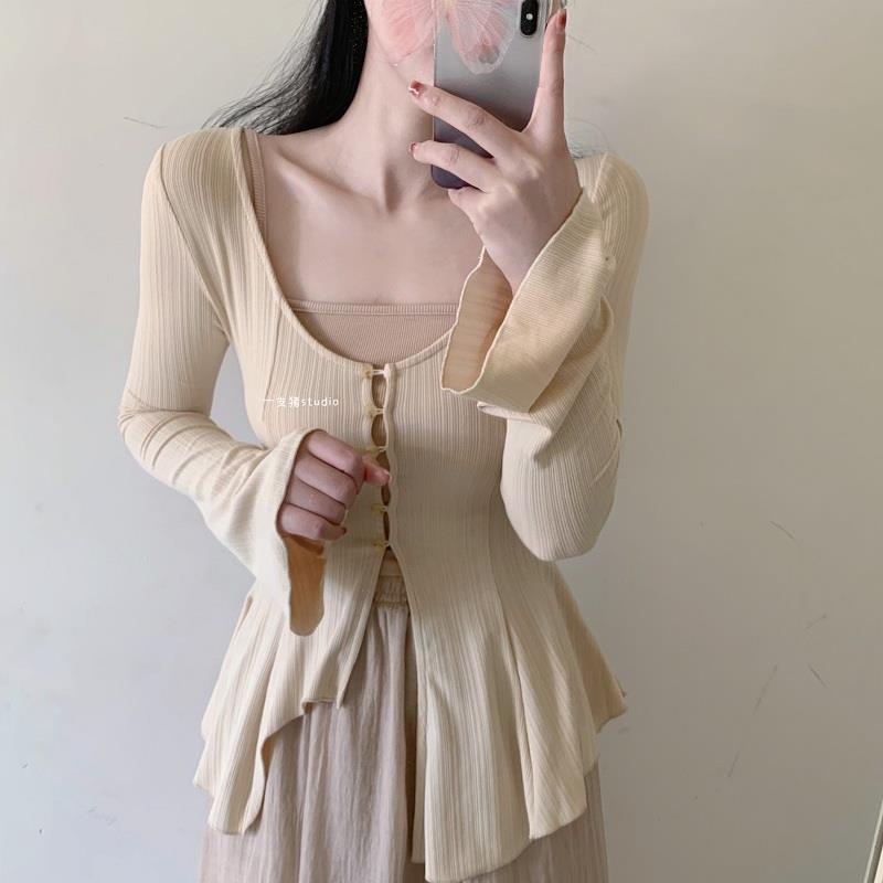 Áo Sơ Mi Tay Loe Ôm Eo Thiết Kế Bất Đối Xứng Viền Nhẹ Nhàng Phong Cách Hàn Quốc Cho Nữ