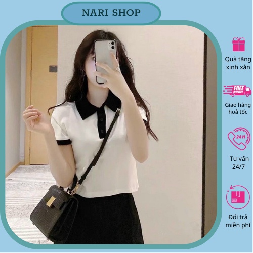 Áo thun croptop cổ sơ mi phối cài nút tay ngắn cực xinh phong cách hàn quốc năng động, áo polo nữ xinh
