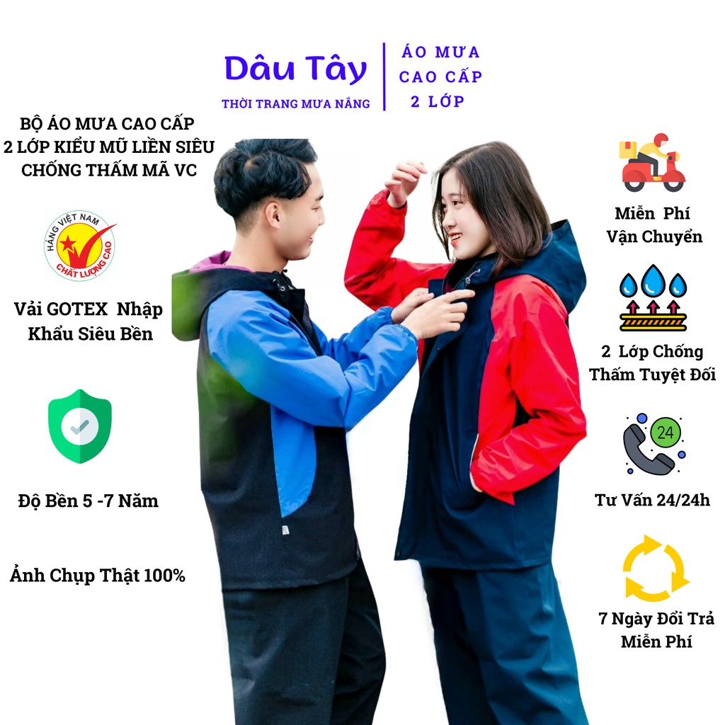 Áo Mưa Bộ Cao Cấp 2 Lớp Siêu Chống Thấm, Giữ Ấm - Kiểu Mũ Liền Áo