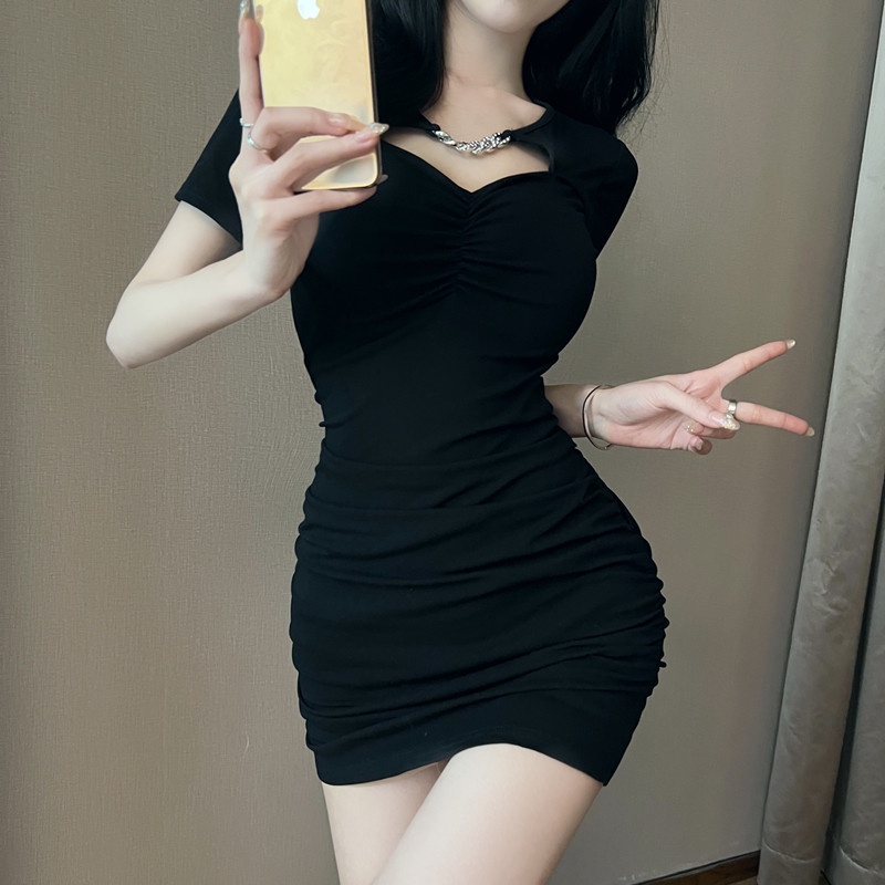 (CÓ SIZE) Váy Body Tay Ngắn MIMILA Hở Ngực Phối Dây Xích Sang Chảnh Đầm Ôm Body Nhún Ngực Chất Thun Co Giãn - MBD083