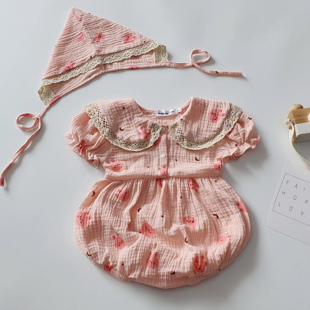 Bodysuit cho bé gái sơ sinh kèm nón chất liệu xô Muslin mềm mát ⚡𝗙𝗥𝗘𝗘𝗦𝗛𝗜𝗣⚡ Set body cho bé gái, quần áo trẻ em dễ thương