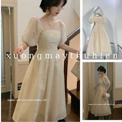 Đầm midi thiết kế ngực xếp ly ngang von 2 lớp màu be style bánh bèo hàn quốc xuongmaythuhien