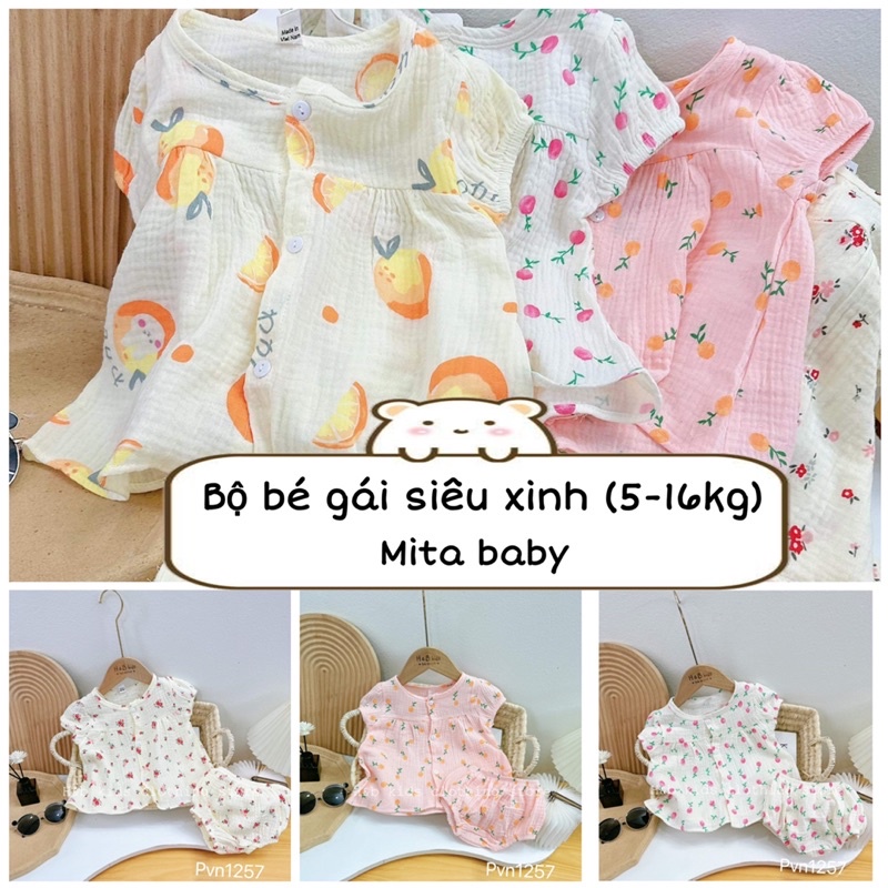 [Hàng thiết kế] Bộ bé gái siêu xinh vải Xô Muslin, đồ bộ cộc tay mùa hè - áo babydoll kèm quần chip 
