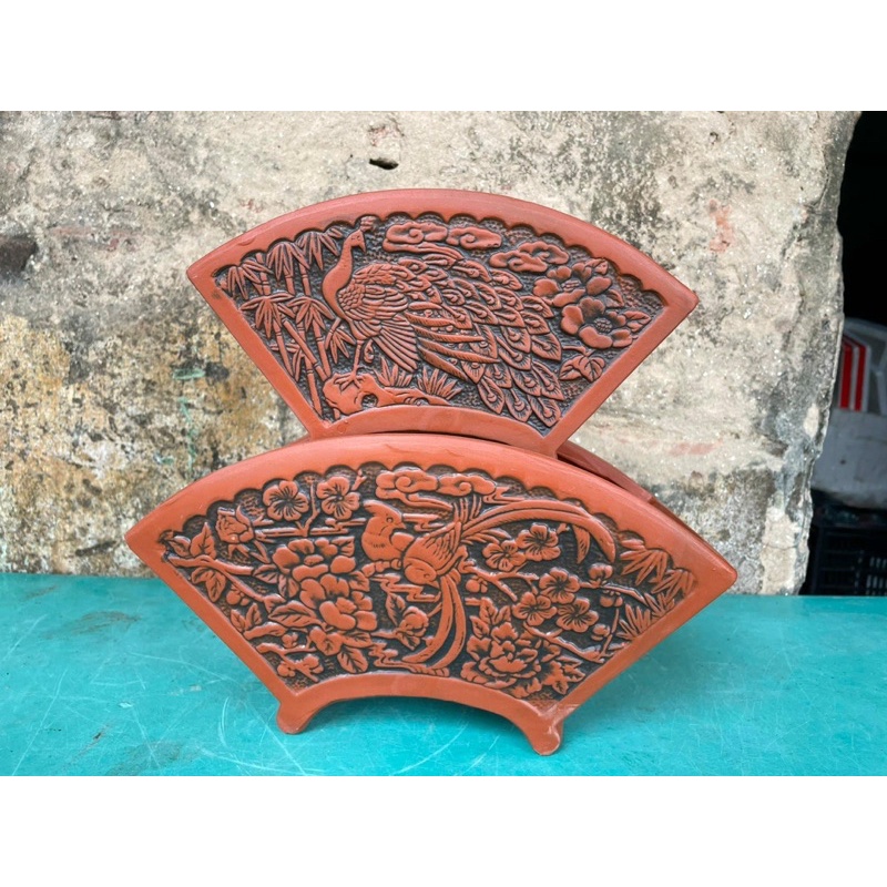 Bộ 2 quạt gốm bát tràng mini bonssai màu đỏ