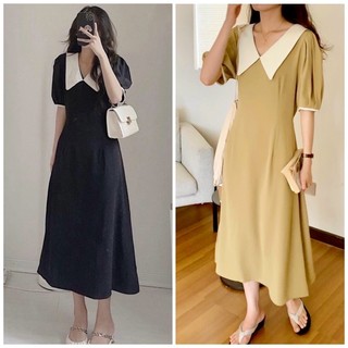 Đầm midi đen cổ trắng form dài 2 màu (kèm hình thật)