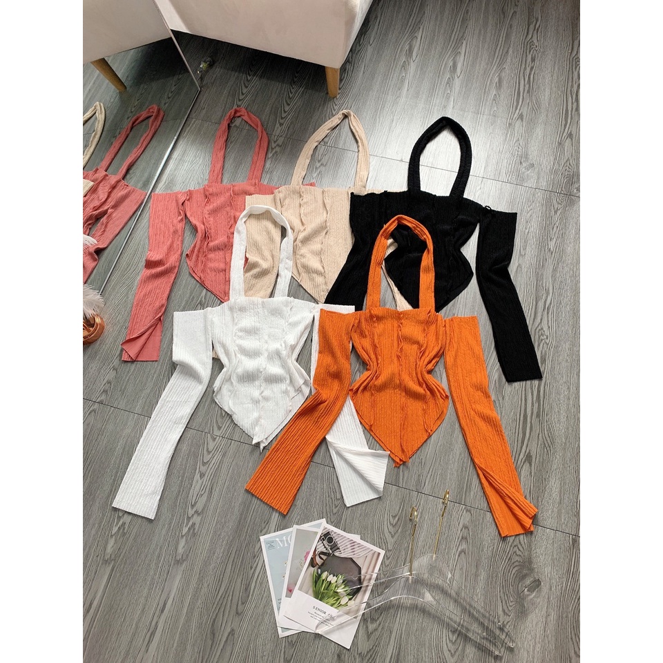 Áo thun nữ đi chơi tay dài trễ vai chất thun xốp mềm dáng ngắn phối dây choàng cổ kiểu tà nhọn xinh hot