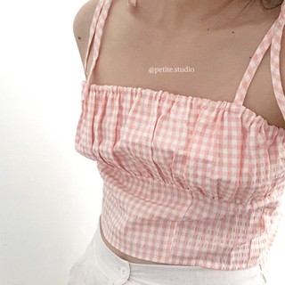 Áo croptop hai dây buộc nơ thiết kế đan dây lưng họa tiết caro basic phong cách hàn quốc