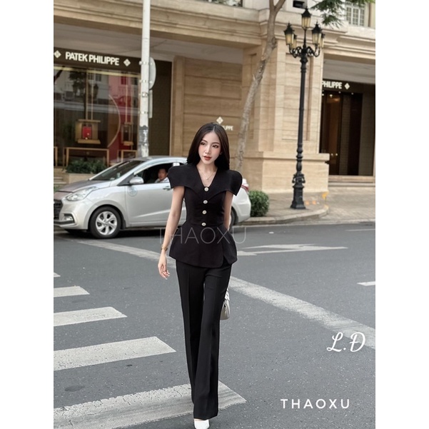 Set áo pelum cúc đá hoa + quần suông