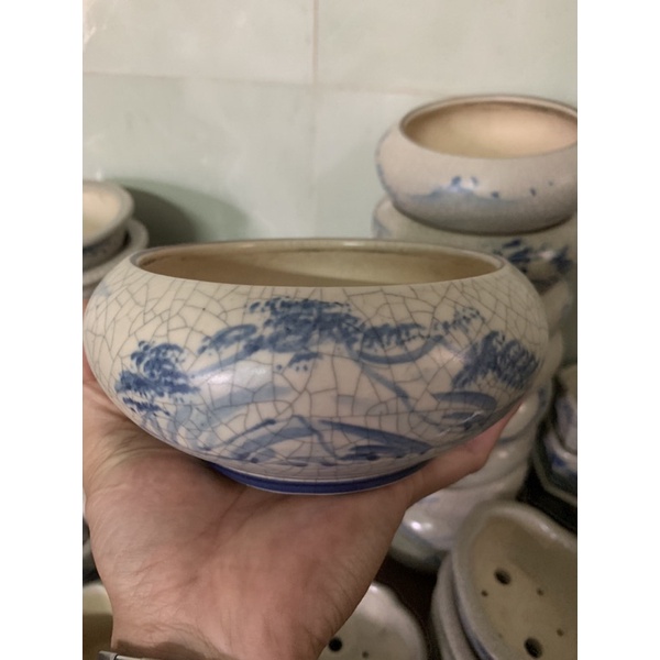 Chậu cây cảnh mini tròn miệng khum gốm bát tràng men rạn