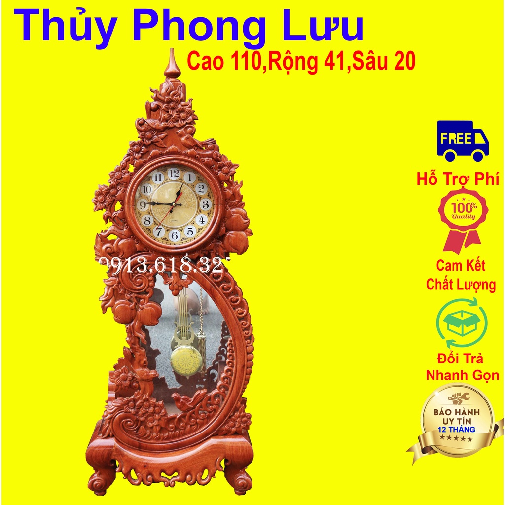 Đồng hồ cây quả lắc quả đào trang trí gỗ hương cao 110 rộng 41 sâu 20cm