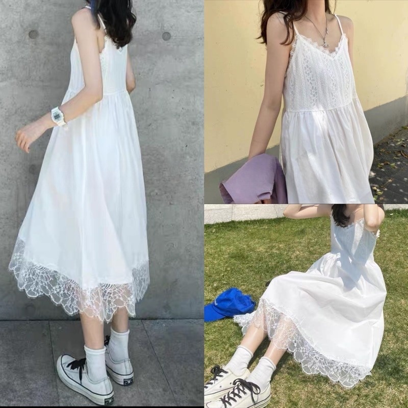 Váy 2 dây trắng dáng dài viền ren đi biển, đầm trắng 2 dây dài dáng xoè đi chơi dạo phố AS266