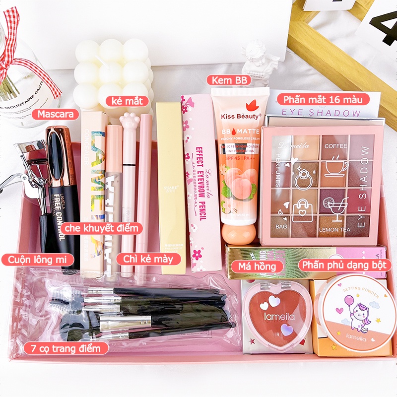 Bộ mỹ phẩm LAMEILA 10 món makeup xinh Kem BB+Phấn phủ+phấn mắt 16 màu+Chì kẻ mày đen+Kẻ mắt+Mascara+Má hồng-PS-T10-A01