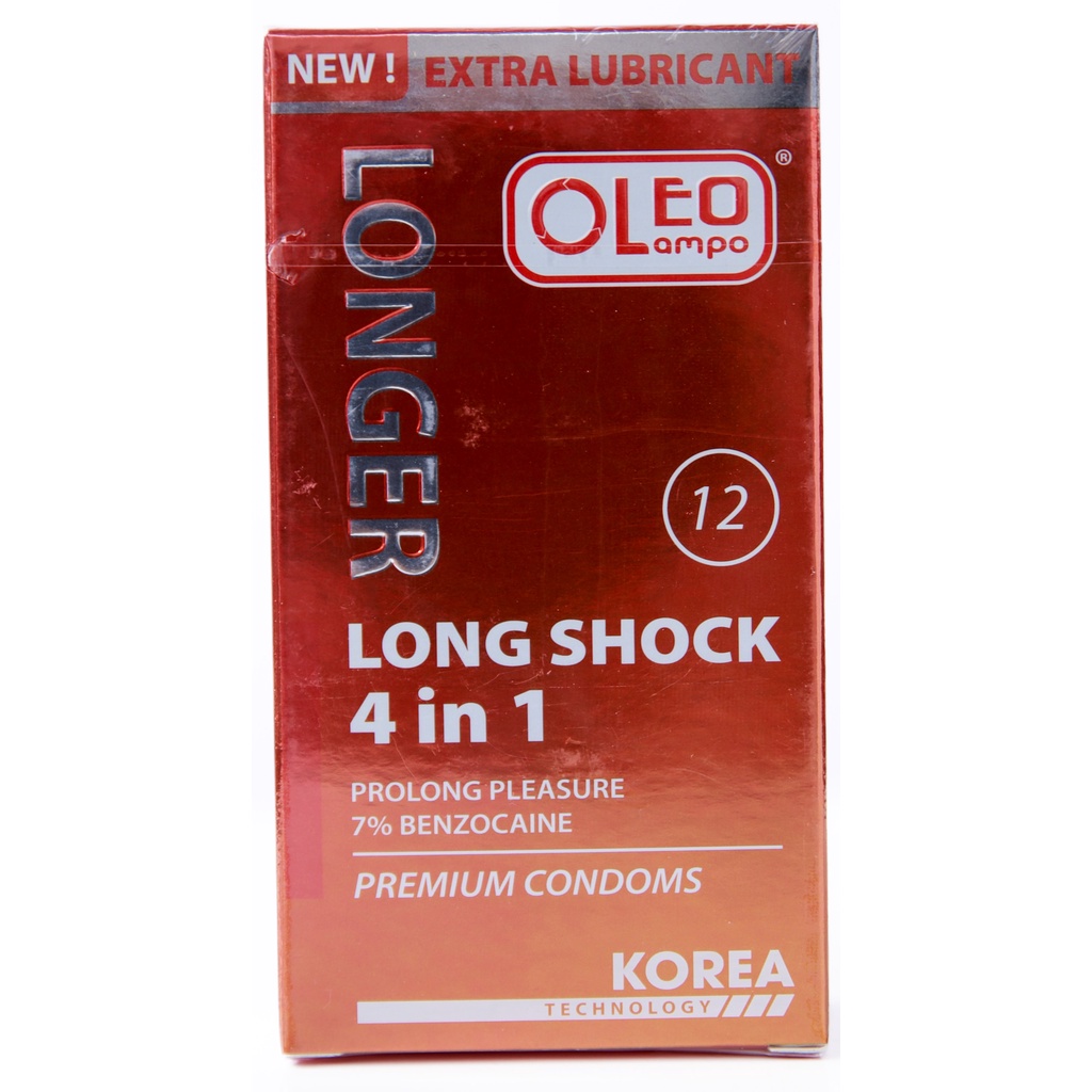 Bao cao su gân gai OLEO LAMPO Long Shock 4 in 1 Extra Lubricant gai êm nhiều gel tăng cường khoái cảm, hộp 12 chiếc