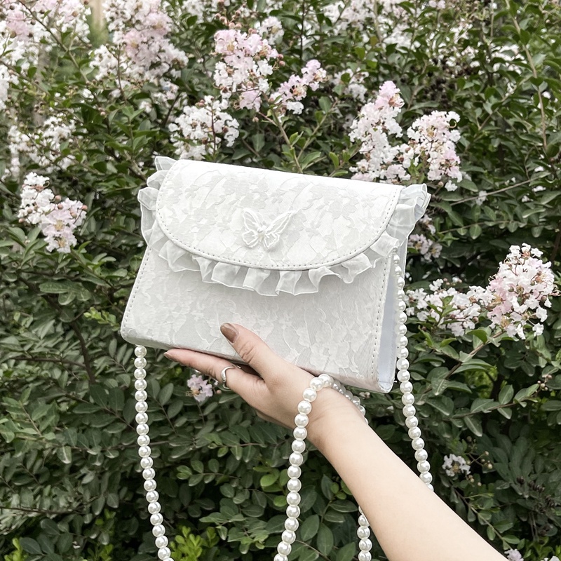 Women Shoulder Bag Portable Beads Chain PU Leather Lace Frill Trim Fashionable Shoulder Purse