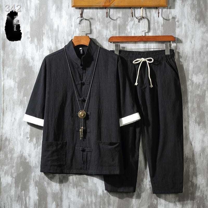 【HOT】✗✶Bộ đồ vải lanh phong cách Trung Quốc nam mùa hè tay áo bảy phân cotton Hán phục cổ điển Tang khoác cài nút