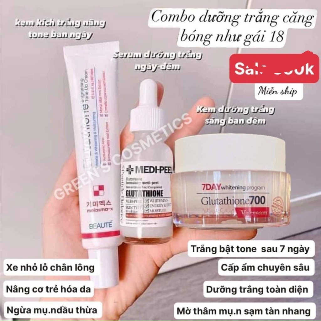 Combo 3 món Kem Trắng da Glutathione, Serum Glutathione trắng da Medi Peel và Kem 7day