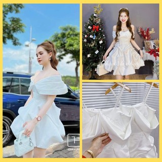 Váy 2 dây - Váy trắng thiết kế 2 nơ vai chân váy xếp bồng hình hoa hồng có mút ngực,khóa sau lưng