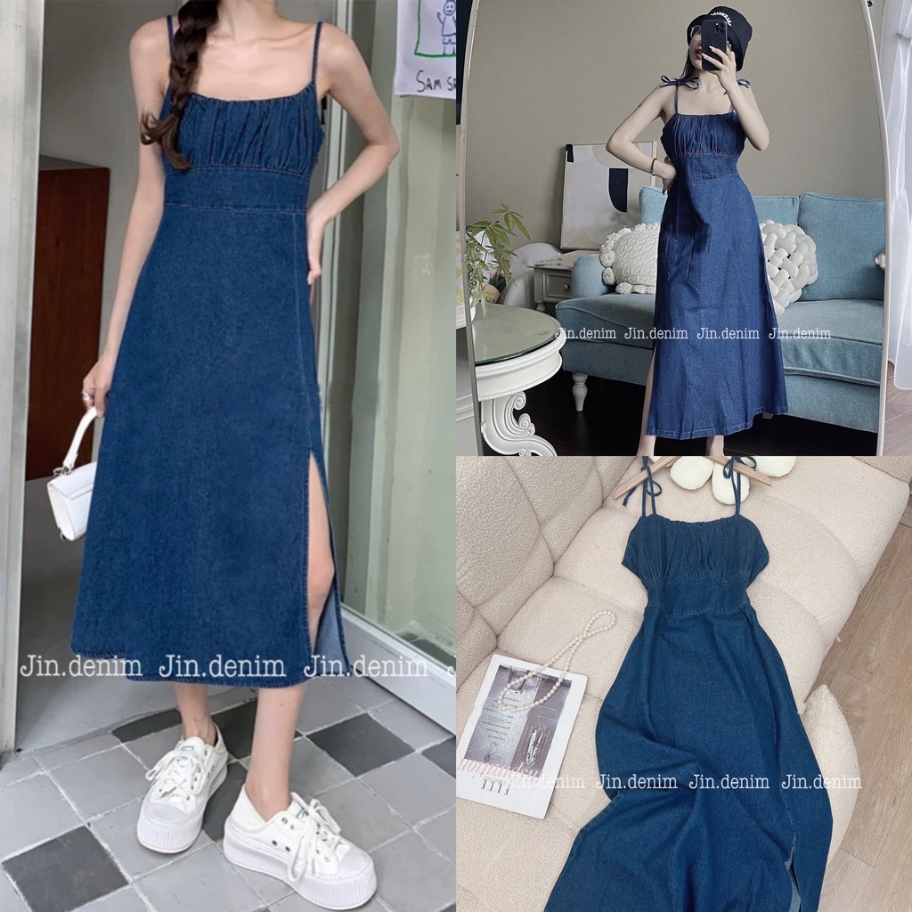 Váy yếm bò jean denim dáng dài 2 dây cúp ngực dúm, sexy liền thân xuông xe đùi sang chảnh cao cấp