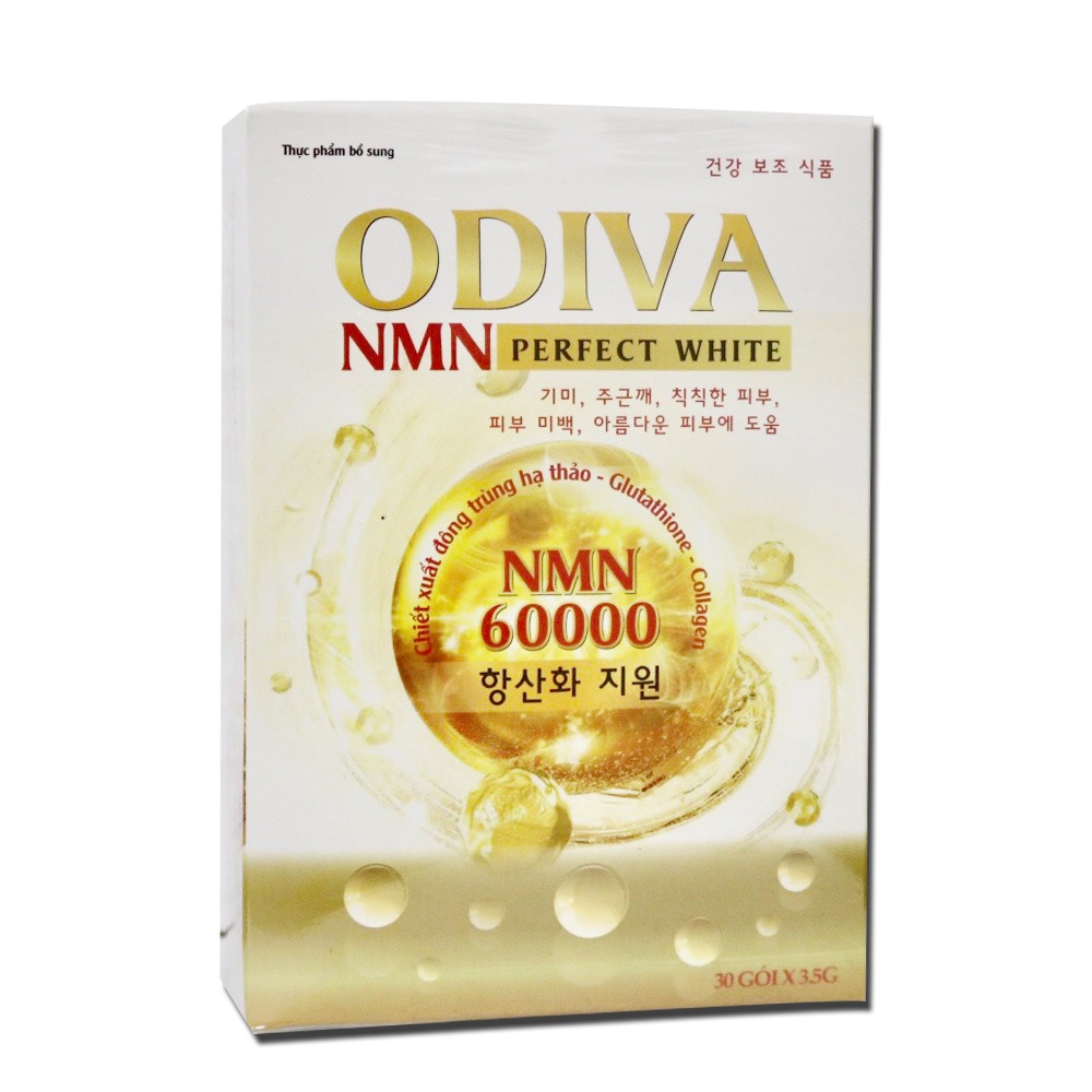 Cốm collagen ODIVA NMN perfect white giúp trắng sáng da, duy trì độ ẩm, tăng độ đàn hổi, giảm nám sạm da - Hộp 30 gói