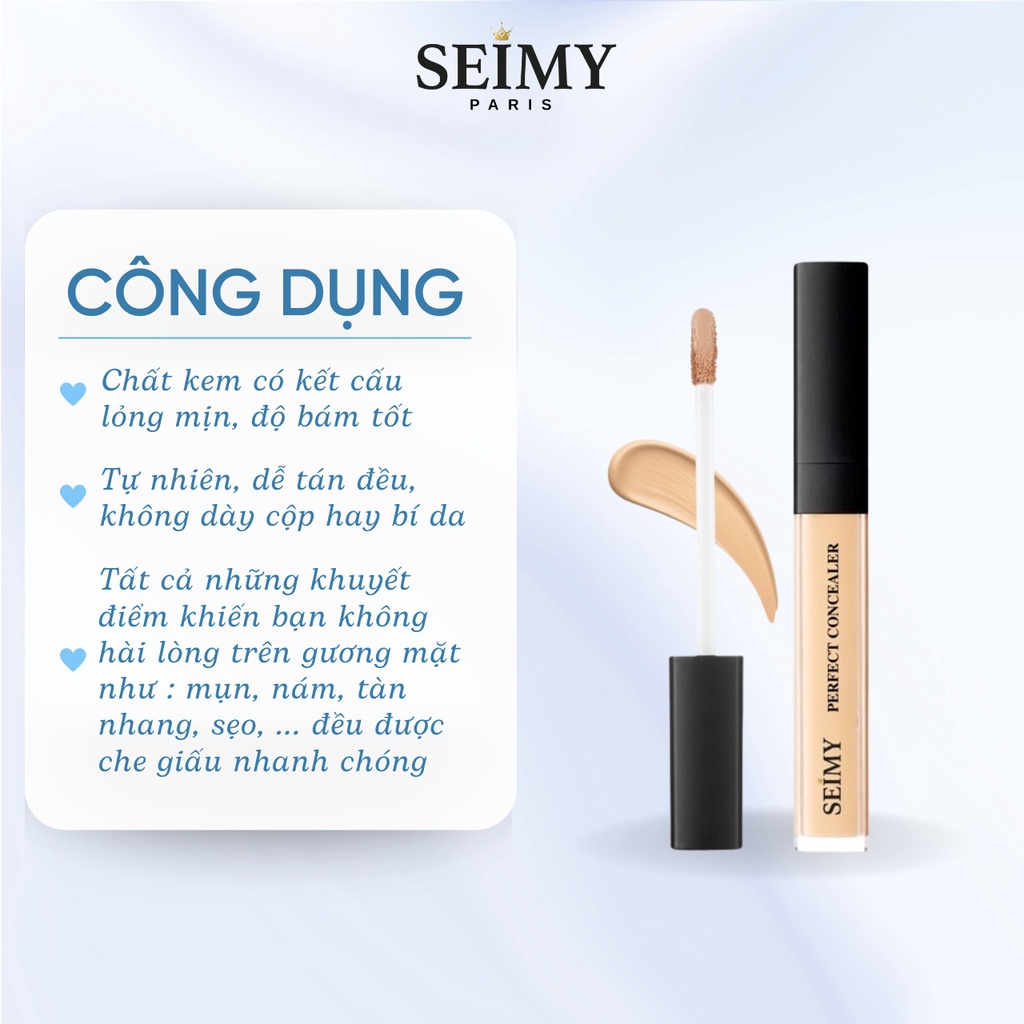 Kem Che Khuyết Điểm SEIMY - Perfect Concealer Lâu Trôi, Chống nắng, gồm 3 màu tông da, Độ Che Phủ Cao, Chống thấm