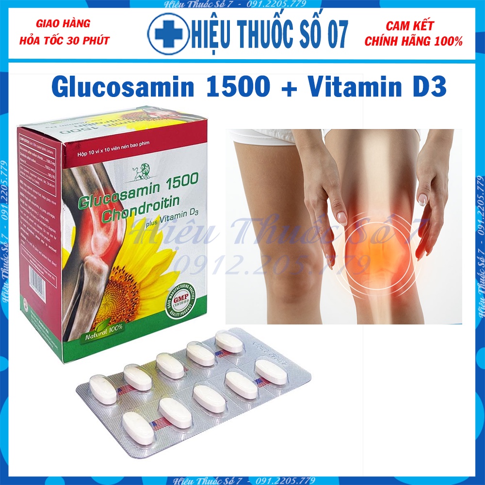 Glucosamin 1500 Chondroitin plus Vitamin D3 hỗ trợ phục hồi mô khớp gối và bổ sung dịch cho khớp (hộp 10 vỉ x 10 viên)
