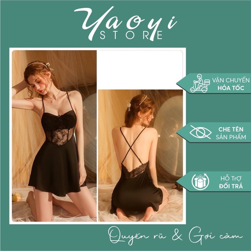Váy ngủ lụa 2 dây có mút ngực phối ren sexy quyến rũ cao cấp v0097