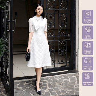 Đầm thiết kế Her25 Váy cổ lá chân váy dài ren hoạ tiết hoa trắng