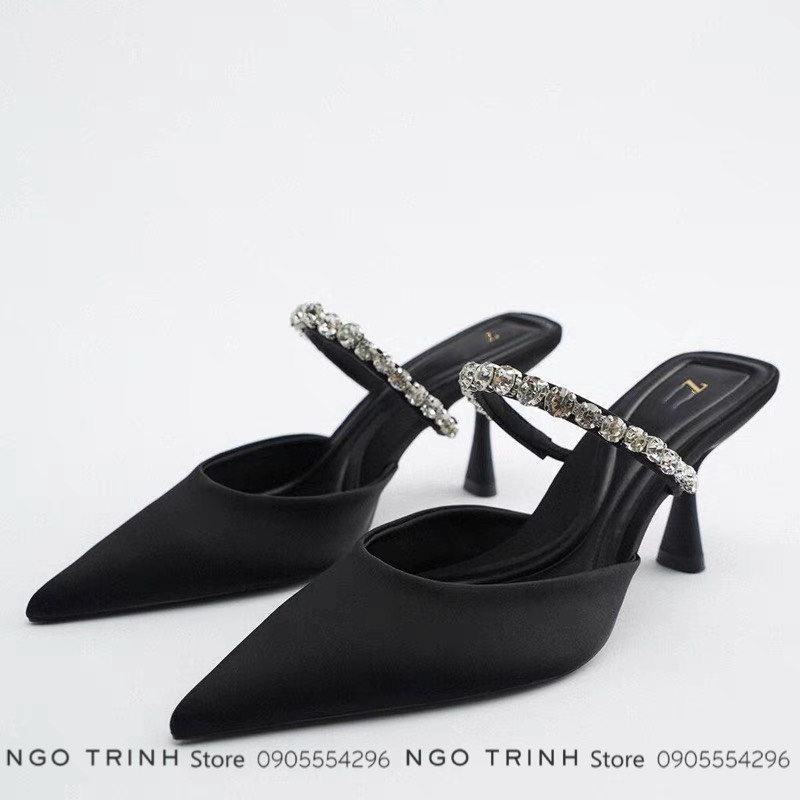 Giày Cao Gót Za.ra Quai Đính Đá Satin Mũi Nhọn cao 7cm [lướt sang phải để xem ảnh thật shop chụp]