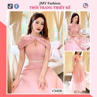V3406 Váy hồng trễ vai cổ yếm ngọc [DVC&ACC] váy hồng maxi tiểu thư dáng dài sang chảnh