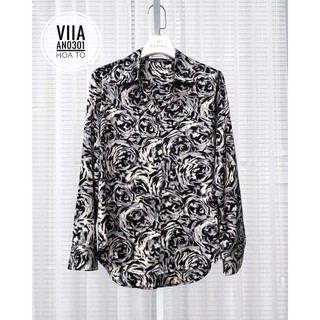 Sơ mi lụa Hoa Mẫu đơn Đen AN0301 VIIA DESIGN
