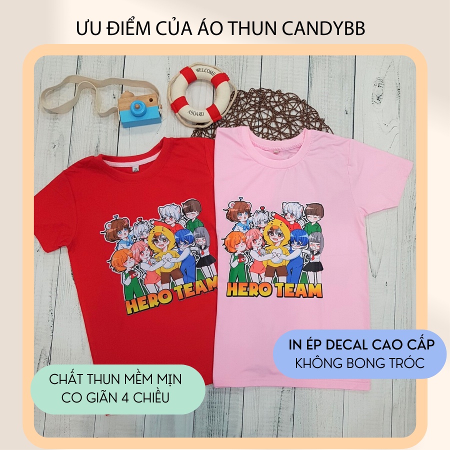 Áo thun màu bé trai và bé gái in hình Hero team, Áo thun mềm mịn, thấm hút mồ hôi cho bé từ 10 - 50kg