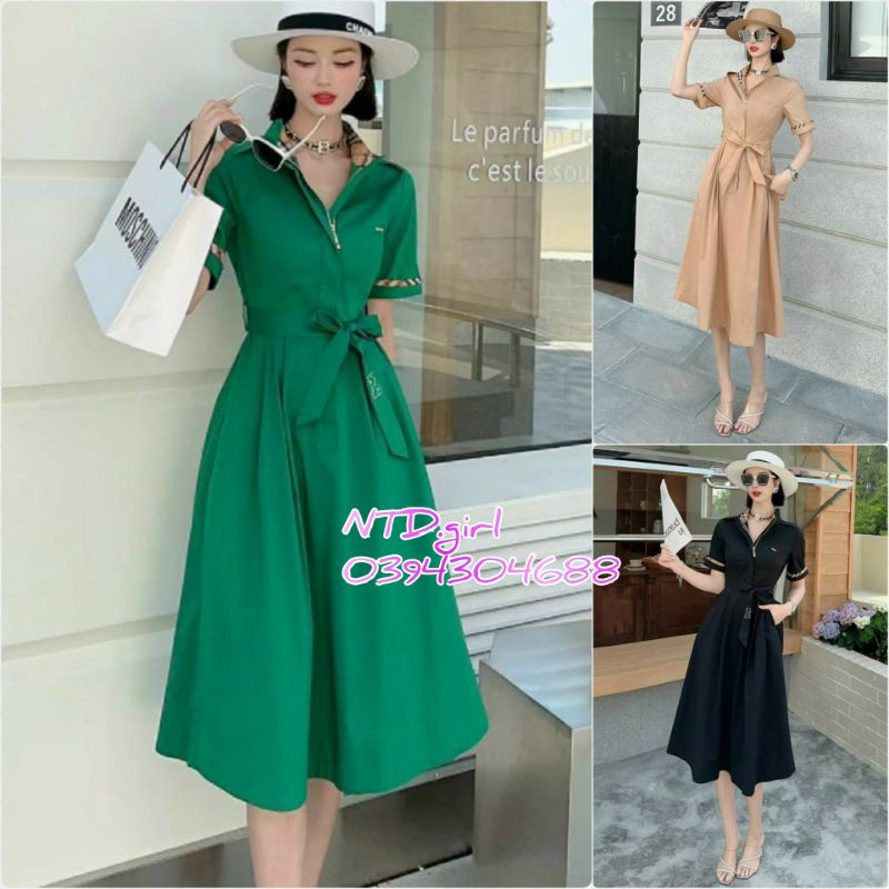 Hàng nhập - Đầm dáng xòe kate lụa cổ sơ mi phối viền, váy công sở thắt nơ eo thanh lịch