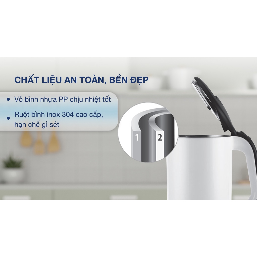 Ấm Đun Siêu Tốc Lock&Lock 2 Lớp EJK738WHT  - Hàng Chính Hãng, Bảo Hành 12 Tháng