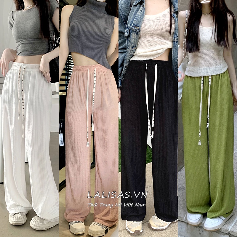 Quần Dài Dệt Kim Ống Rộng Phối Dây Rút Phong Cách Hàn Quốc Thời Trang Cho Nữ