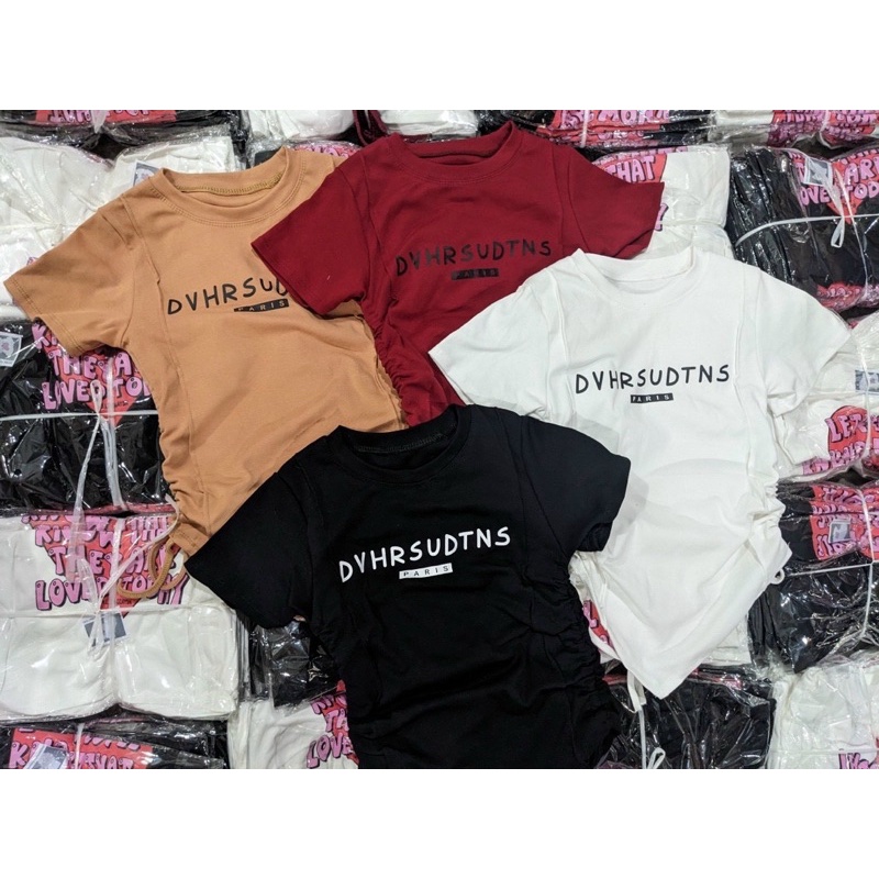 Áo Thun In Chữ Croptop Vạt Nhọn Rút Eo Tay Ngắn