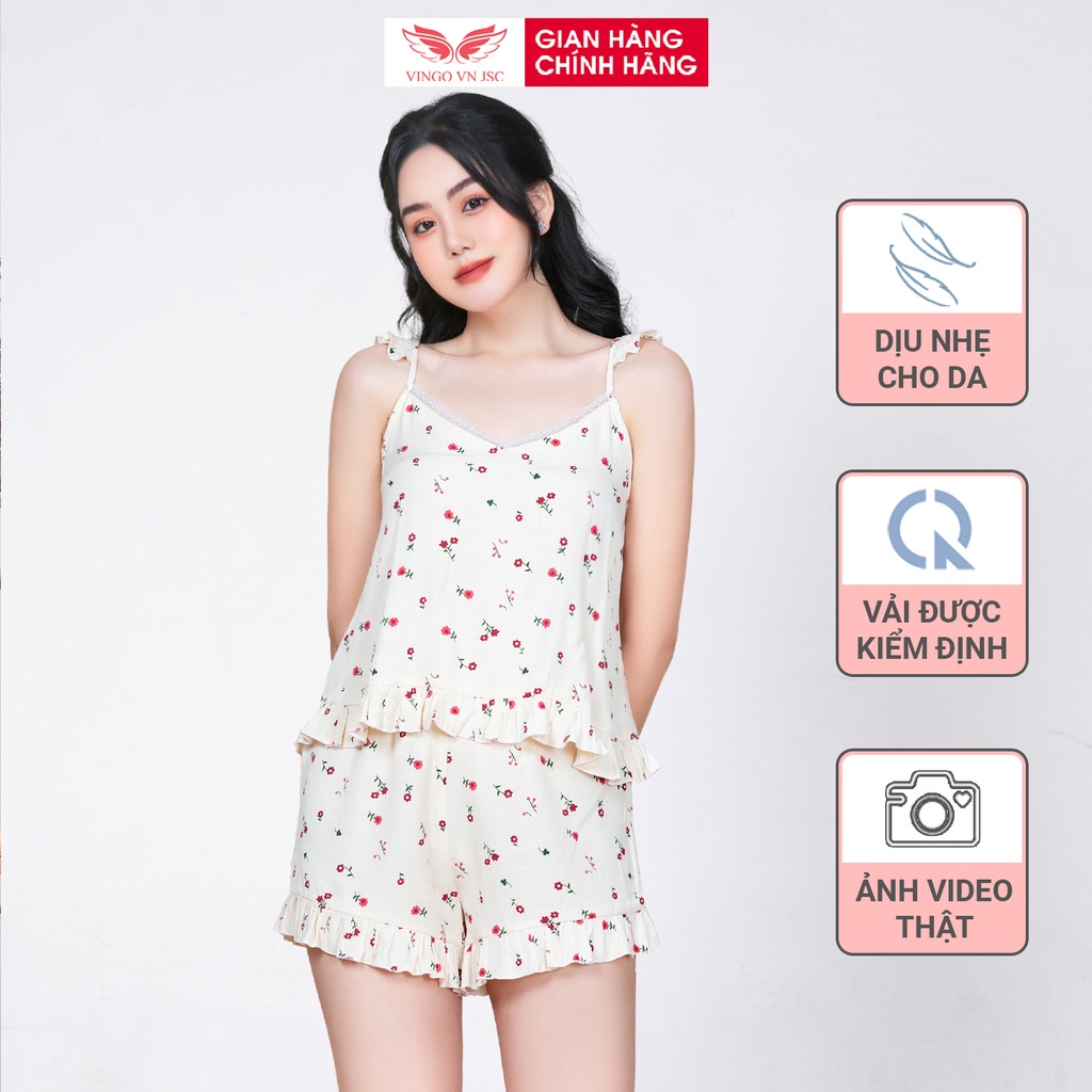 Bộ đồ ngủ nữ 2 dây pijama mặc nhà tơ đũi mùa hè VINGO áo hai dây quần đùi hoạ tiết hoa nhí dễ thương N391 VNGO