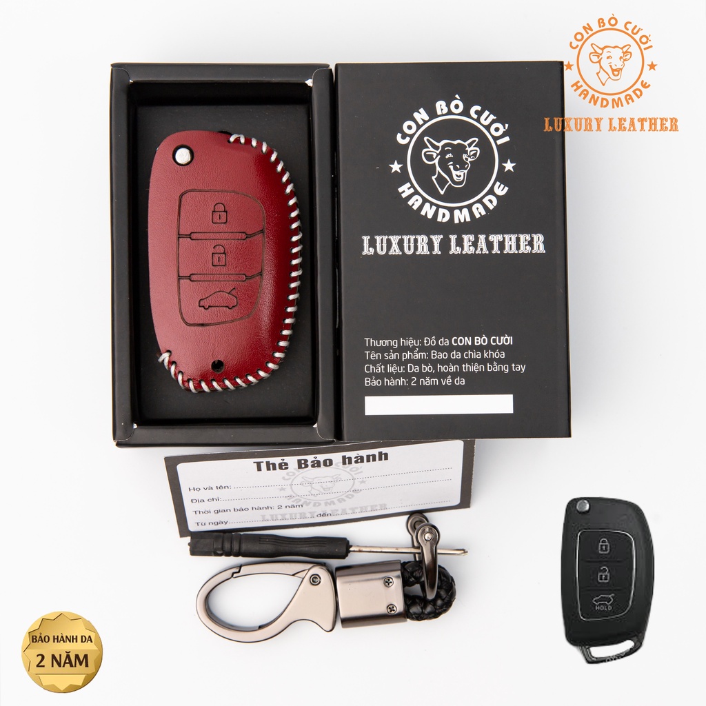 Bao da chìa khóa ô tô xe hơi hyundai i10, solati bản thiếu chìa điện gập da thật chống xước chính hãng