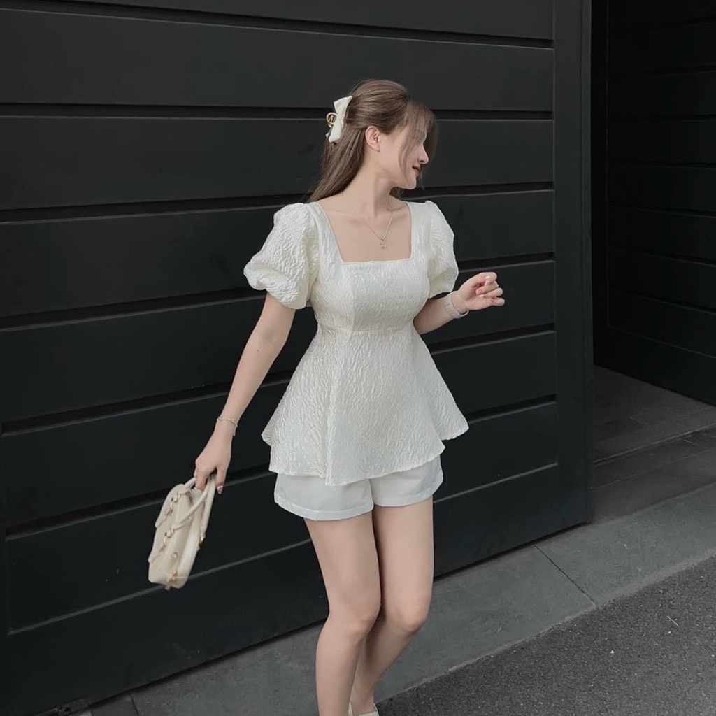 Sét bộ nữ thời trang mặc đi chơi áo gấm cổ vuông tay phồng ngắn hở lưng dây nơ mix quần đùi Tapta xinh xắn